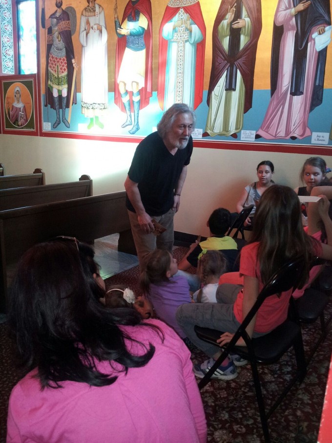 Georgi Danevski speaks with the children from the Bulgarian Children's Drama Group at St. Dimitrijus Solunski Orthodox Church in Markham, Ontario, Canada.